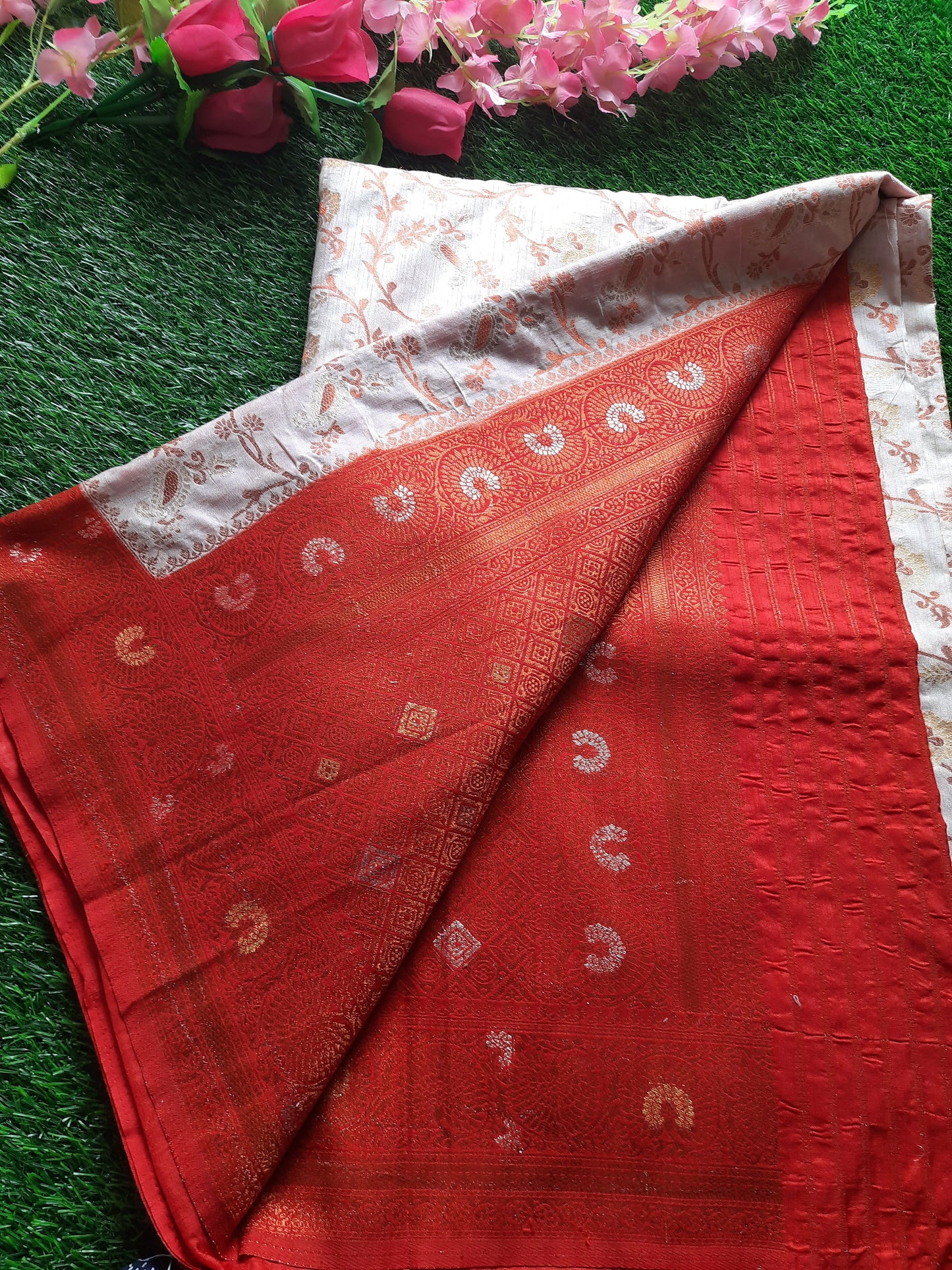 Banarasi art silk saree – White and red