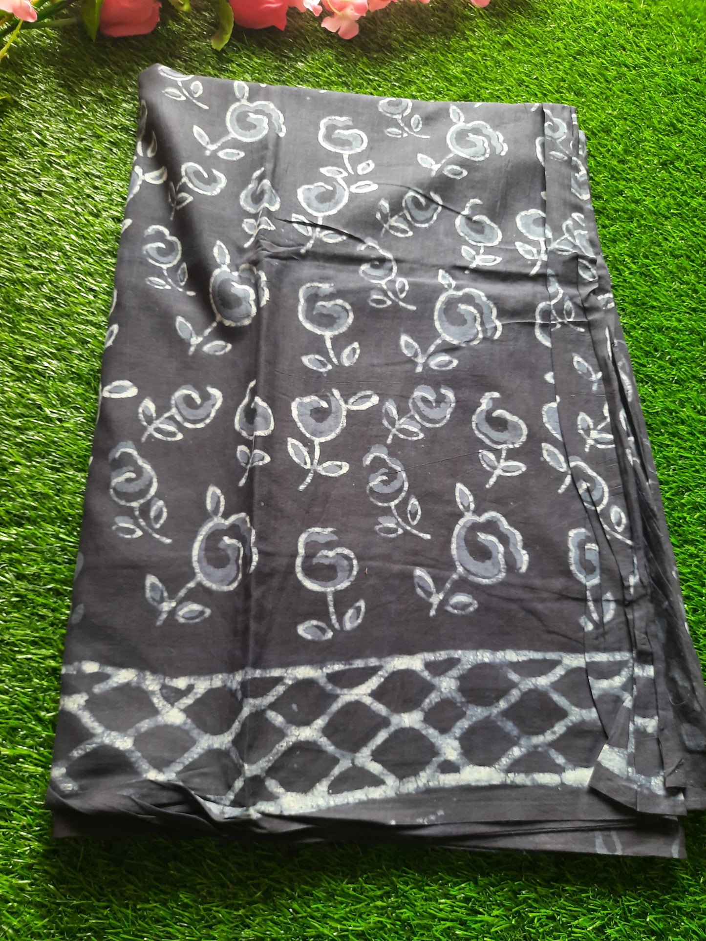 Hand block printed pure cotton mulmul saree - Indigo