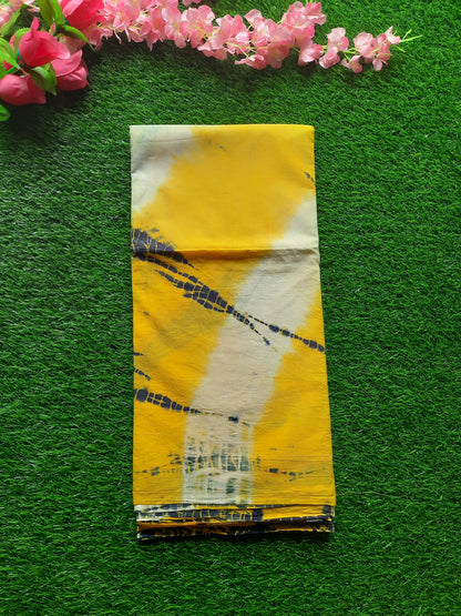 Hand block printed pure cotton mulmul saree - Yellow