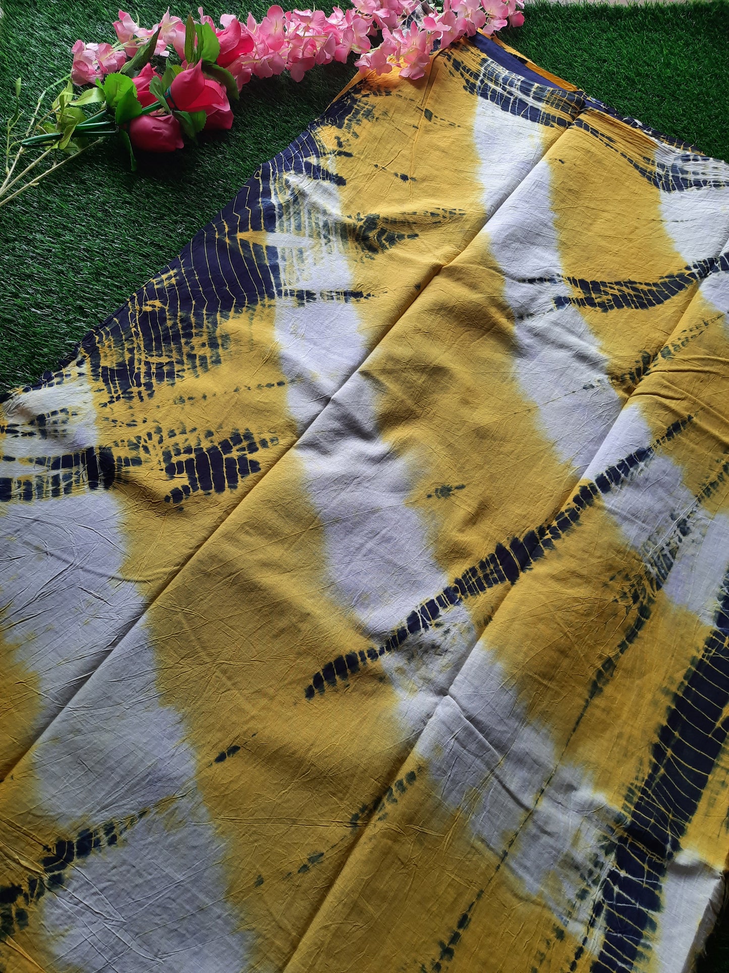 Hand block printed pure cotton mulmul saree - Yellow