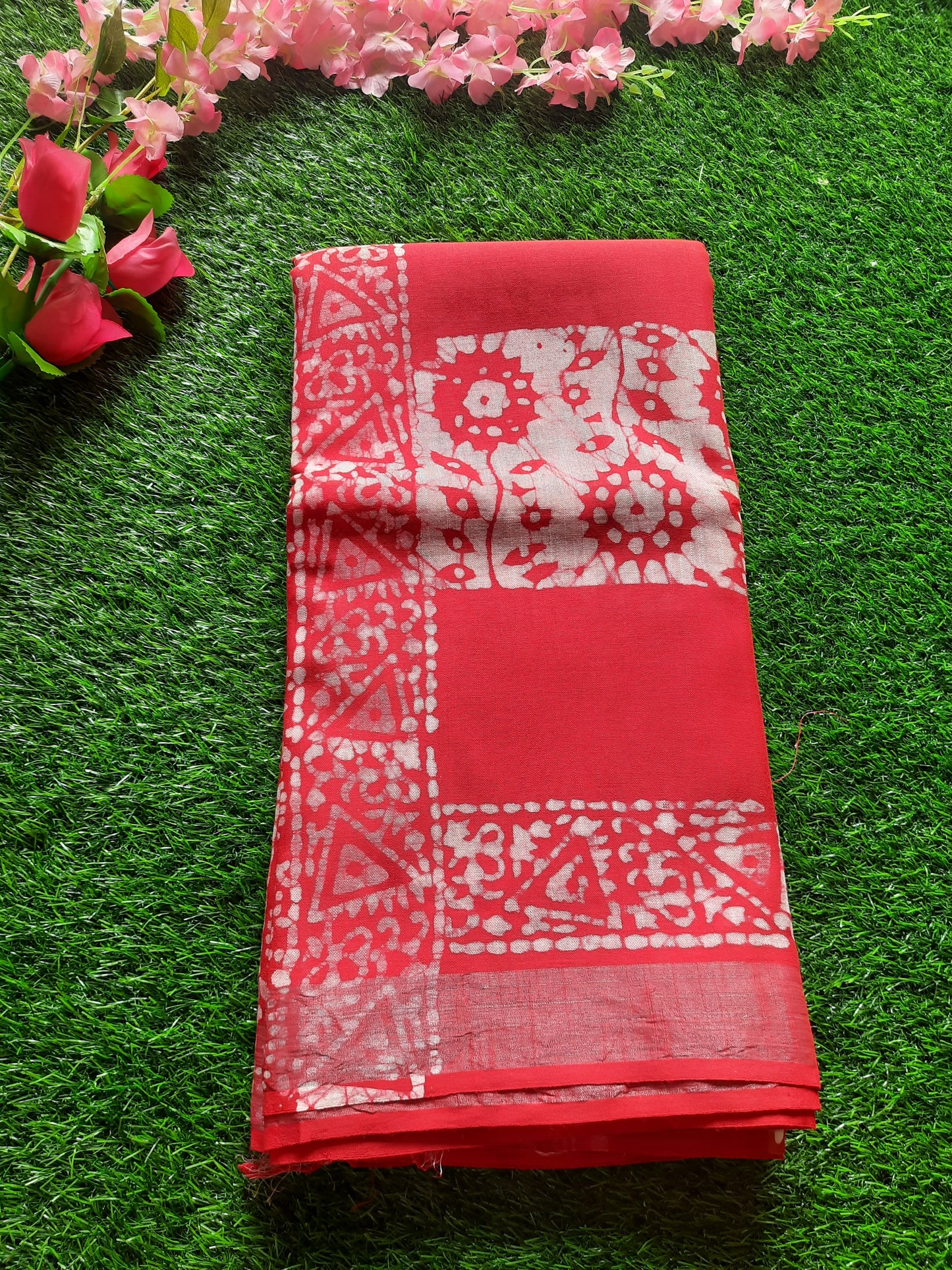 Lenin cotton saree - Tomato red