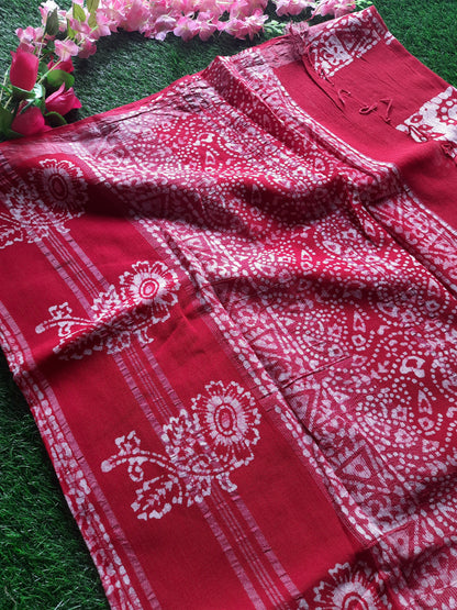 Lenin cotton saree - Tomato red