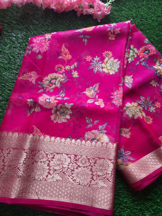 Organza saree digital print saree with banjaras border – Pink