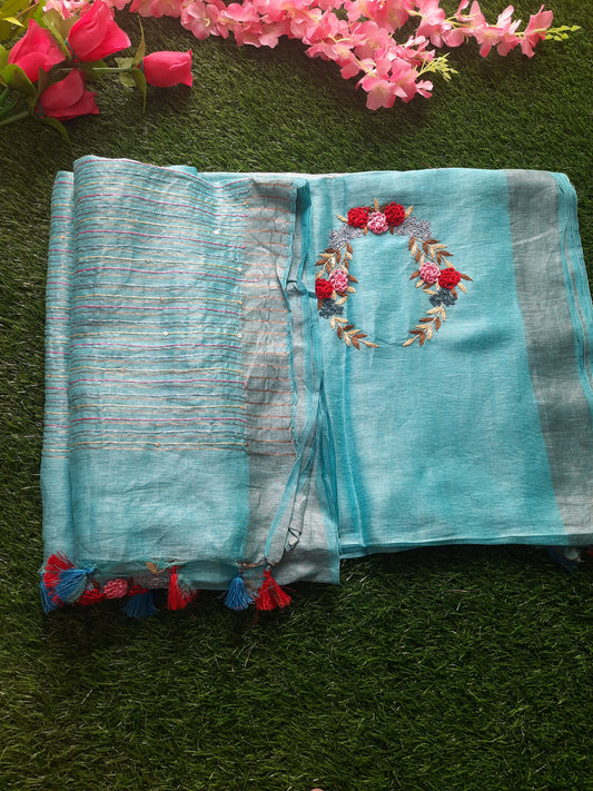 Linen silk hand embroidered saree - Sky Blue