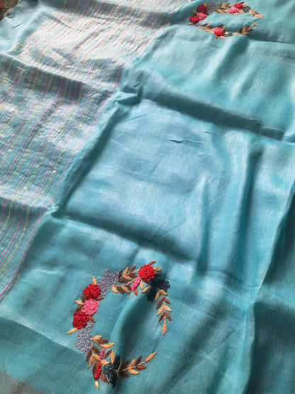 Linen silk hand embroidered saree - Sky Blue