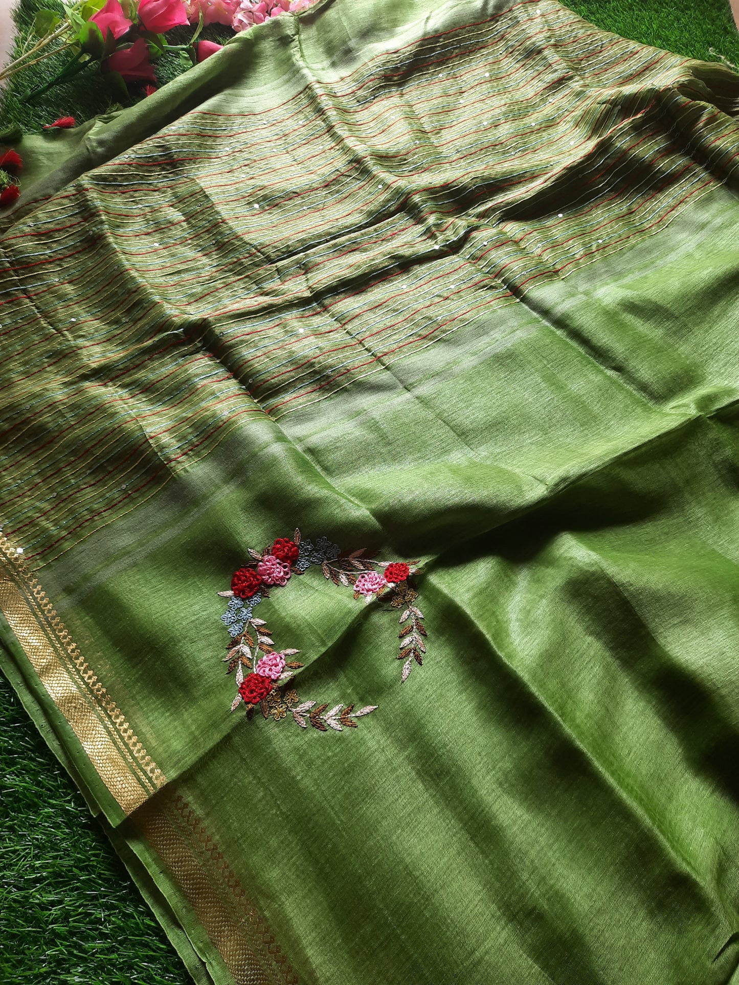 Linen silk hand embroidered saree - Green