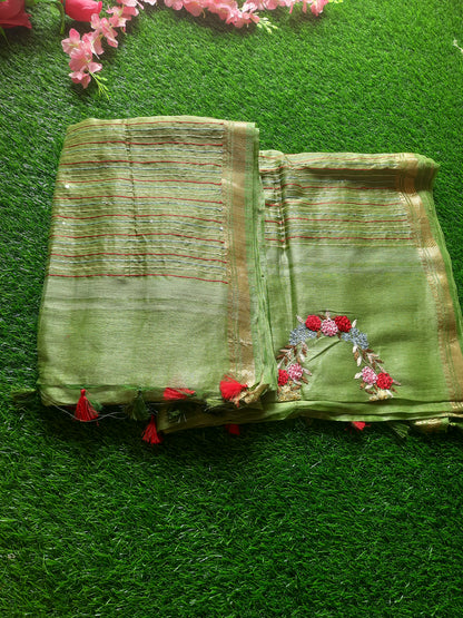 Linen silk hand embroidered saree - Green