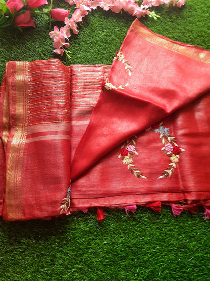 Linen silk hand embroidered saree - Brick Red