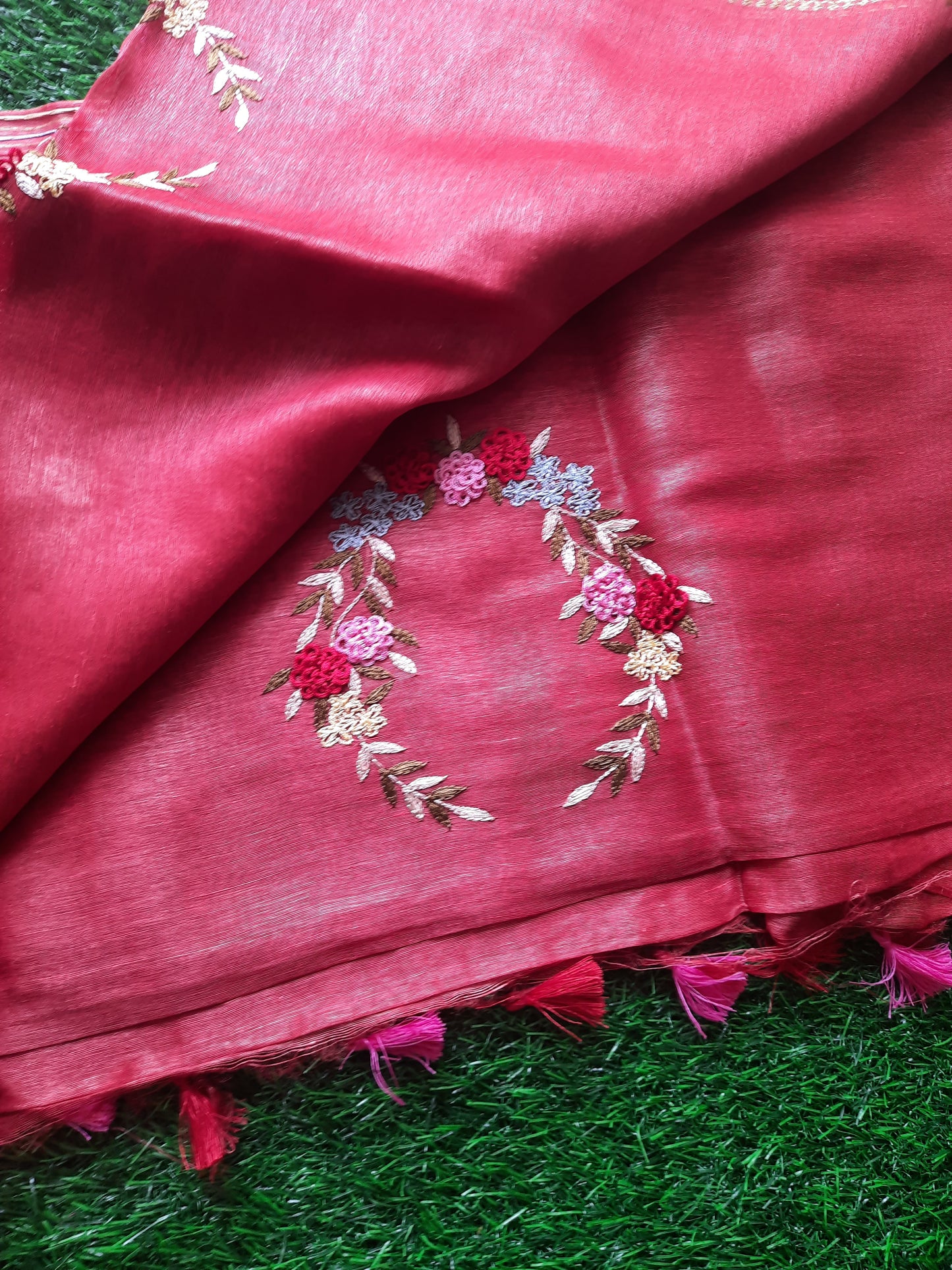 Linen silk hand embroidered saree - Brick Red