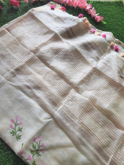 Linen silk machine embroidered saree – Off white