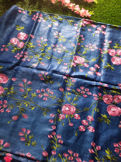 Linen silk machine embroidered saree – Royal blue