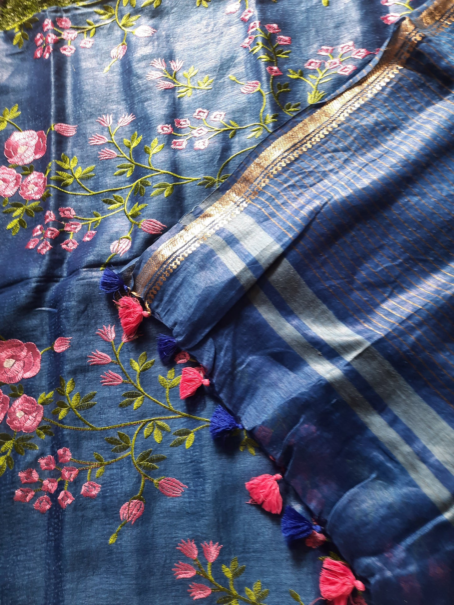 Linen silk machine embroidered saree – Royal blue