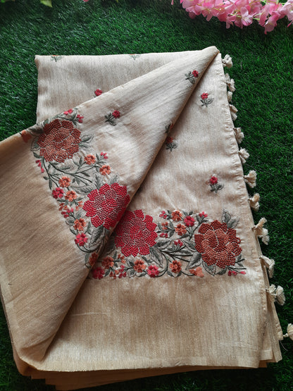 Art silk saree with floral embroidery– Beige