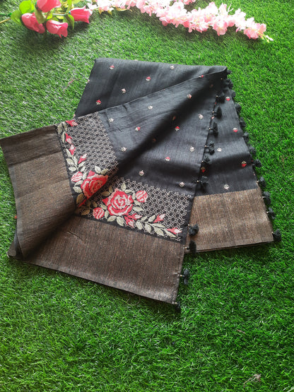 Art silk saree with floral embroidery– Black