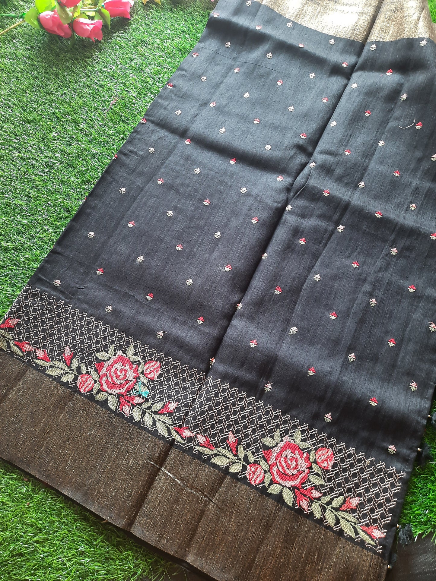 Art silk saree with floral embroidery– Black