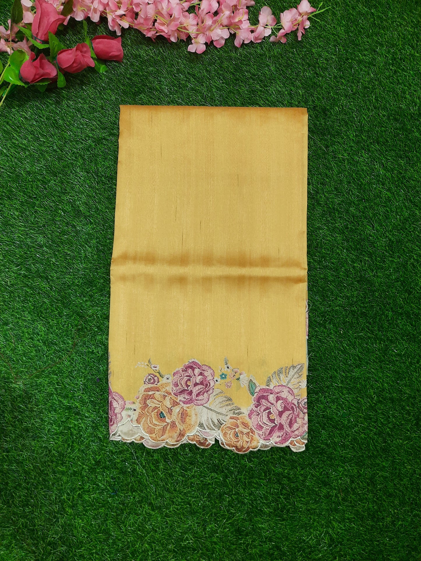 Printed art silk saree with cutwork border– Mustard