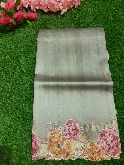 Printed art silk saree with cutwork border– Gray