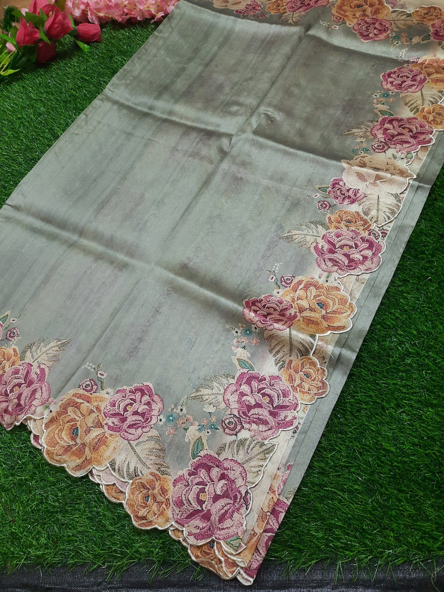 Printed art silk saree with cutwork border– Gray