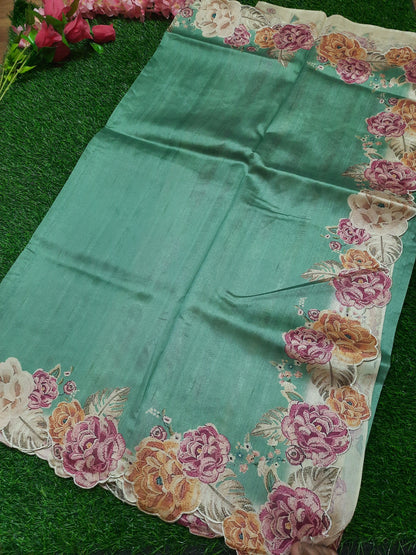 Printed art silk saree with cutwork border– Teal