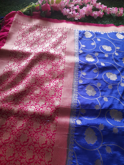 Banarasi art silk saree with jaal work– Blue and pink