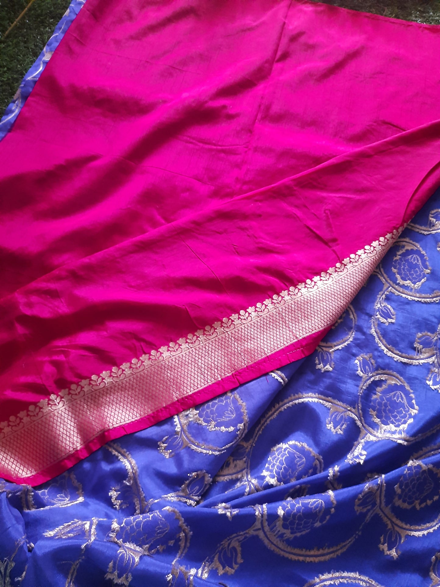 Banarasi art silk saree with jaal work– Blue and pink