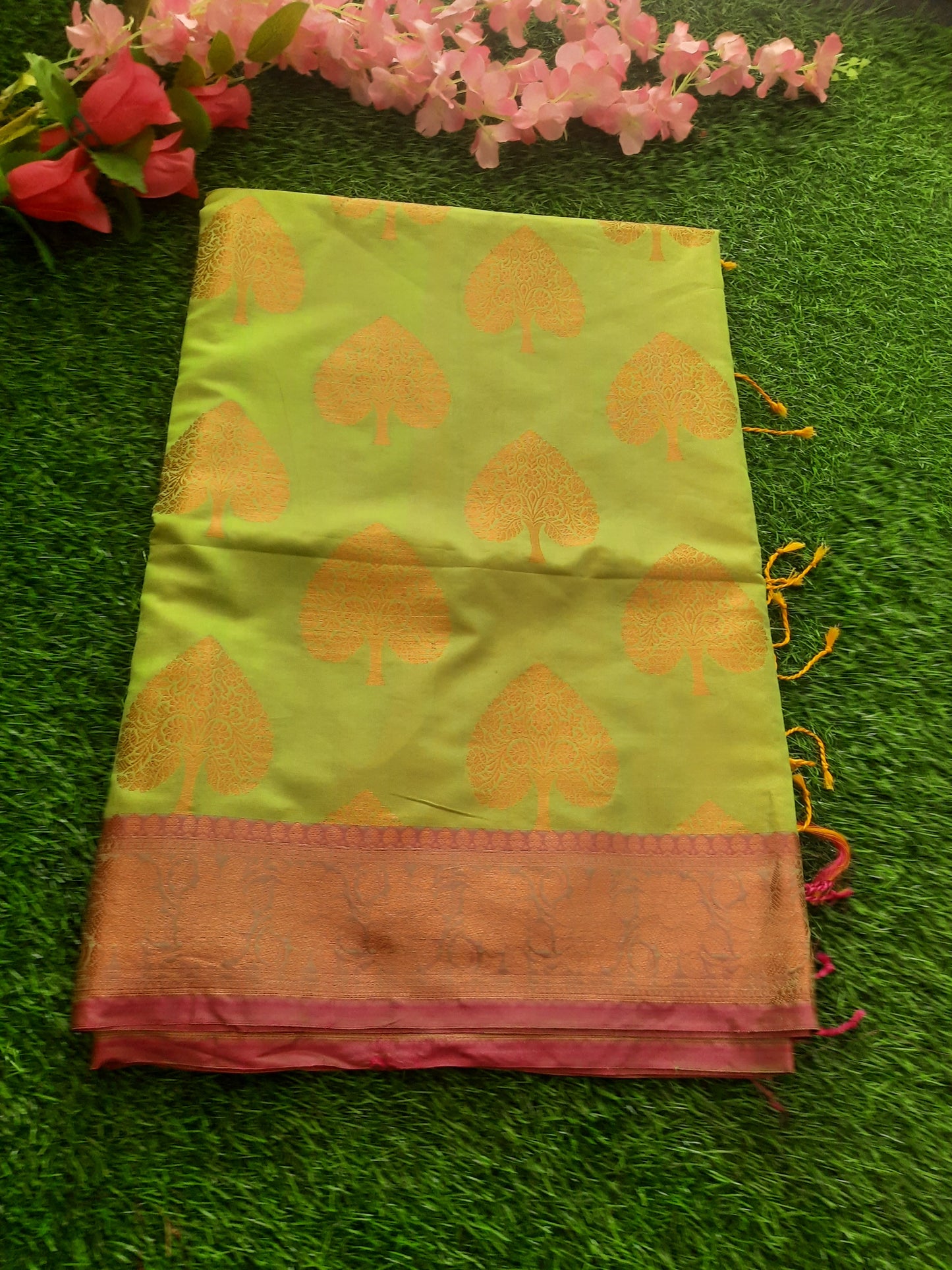 Banarasi art silk saree – Yellow green and pink