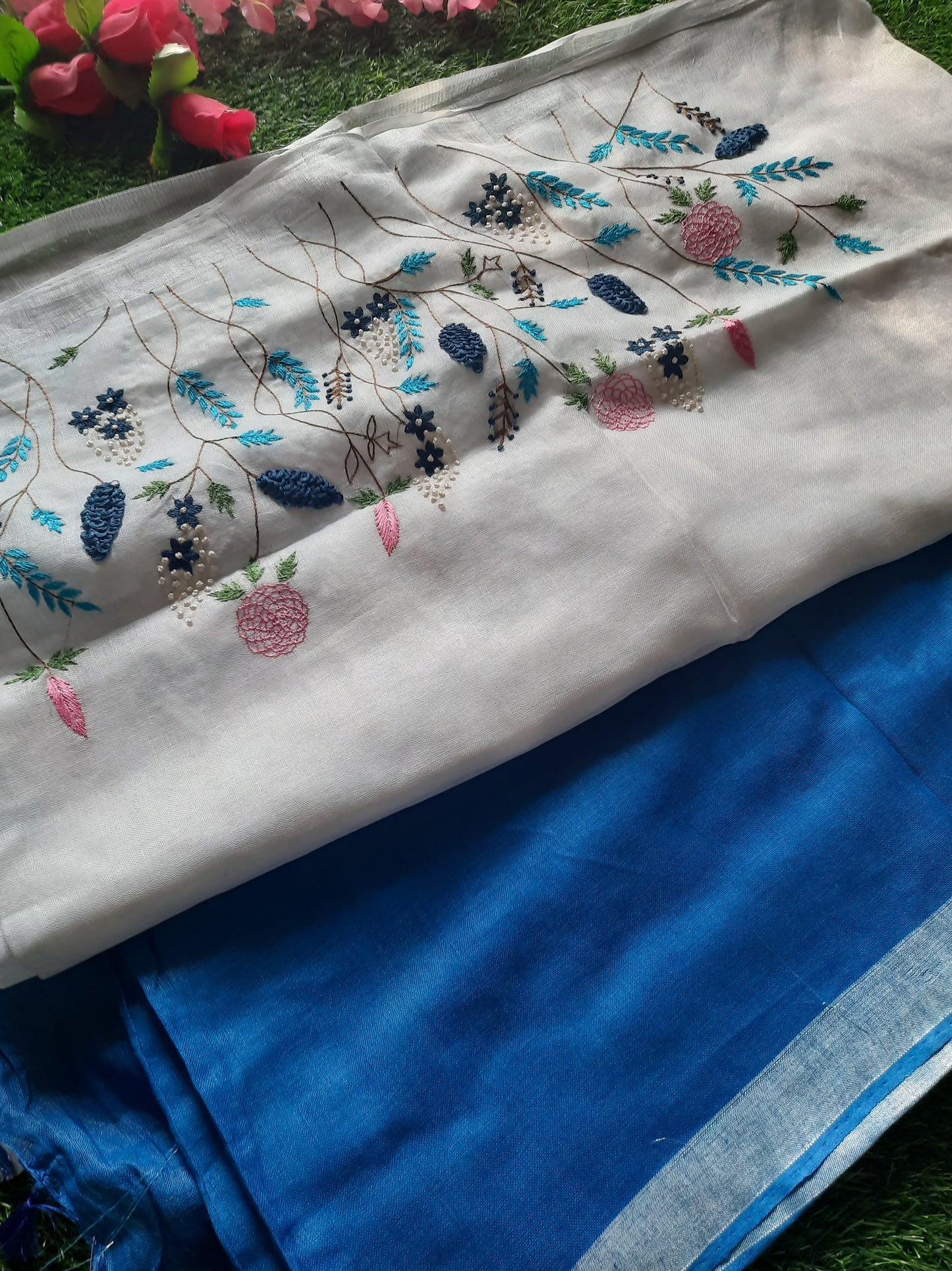 Pure linen Hand embroidery saree - white and blue