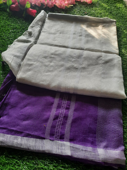 Pure linen Hand embroidery saree - white and purple