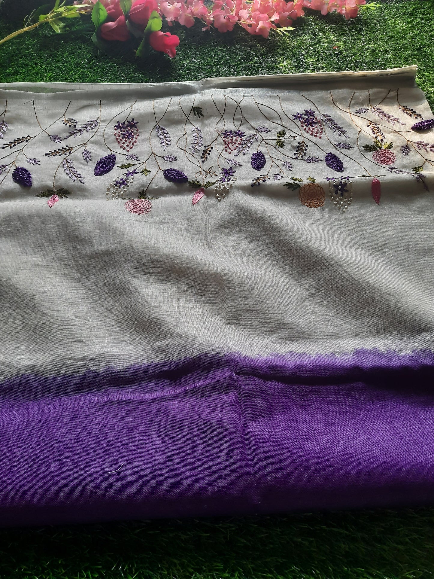 Pure linen Hand embroidery saree - white and purple