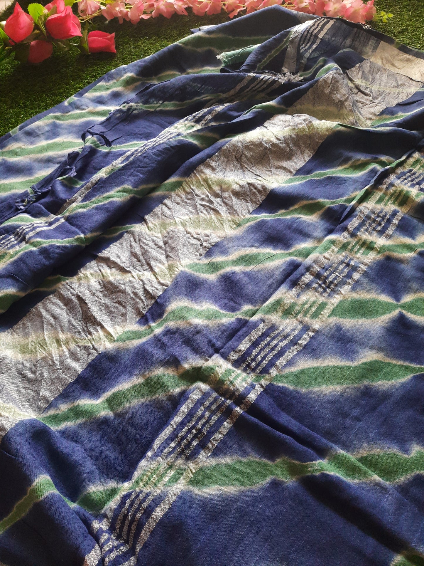 Lenin cotton saree - Blue and green