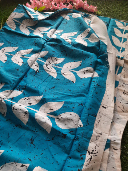 Pure cotton mulmul saree  - sky blue and white