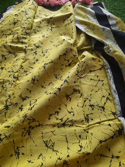 Hand block printed pure cotton mulmul saree - Black and yellow