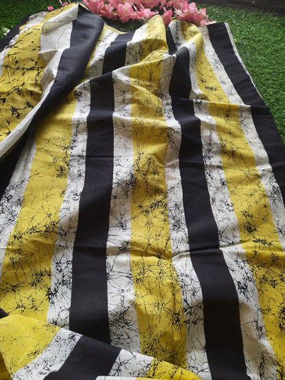 Hand block printed pure cotton mulmul saree - Black and yellow