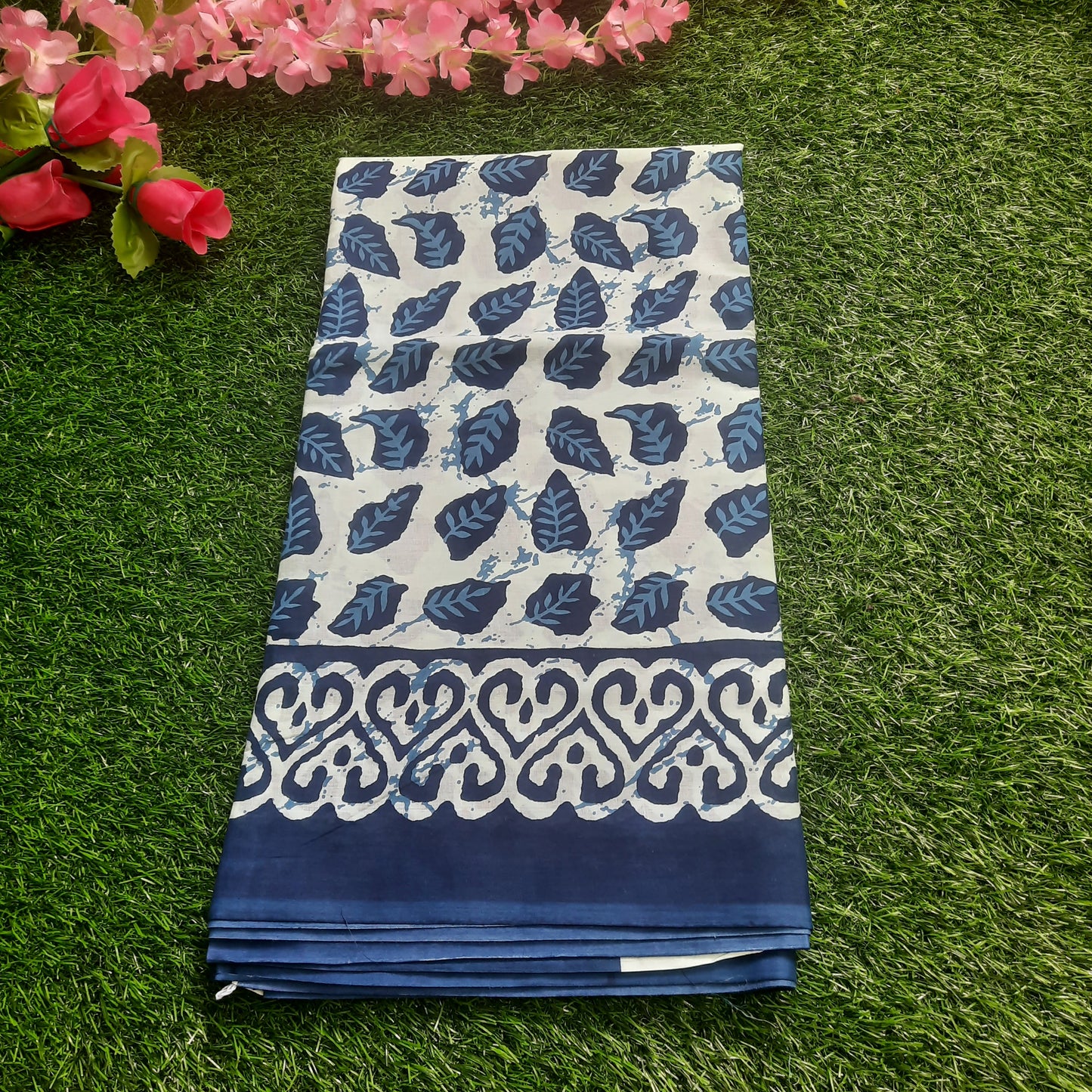 Hand block printed pure cotton mulmul saree - Indigo