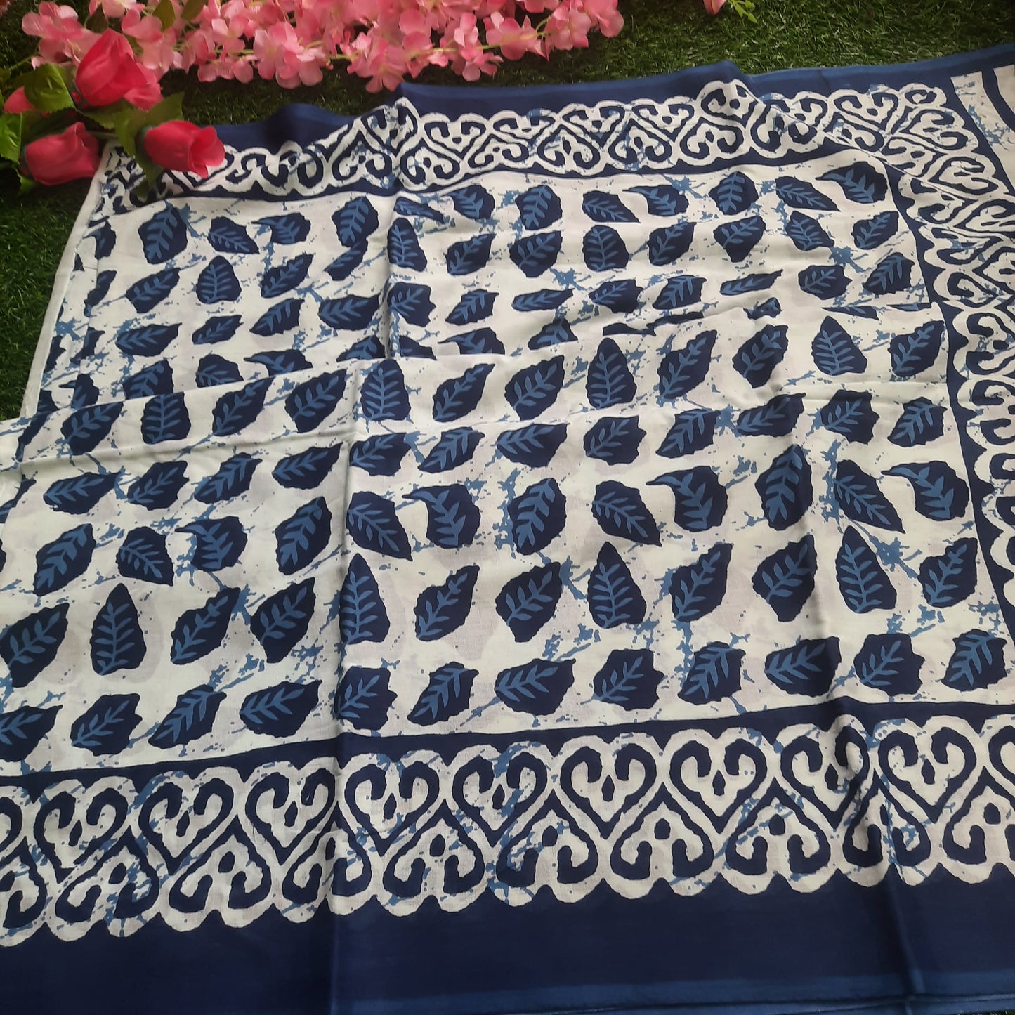 Hand block printed pure cotton mulmul saree - Indigo