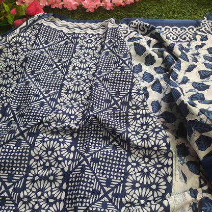 Hand block printed pure cotton mulmul saree - Indigo