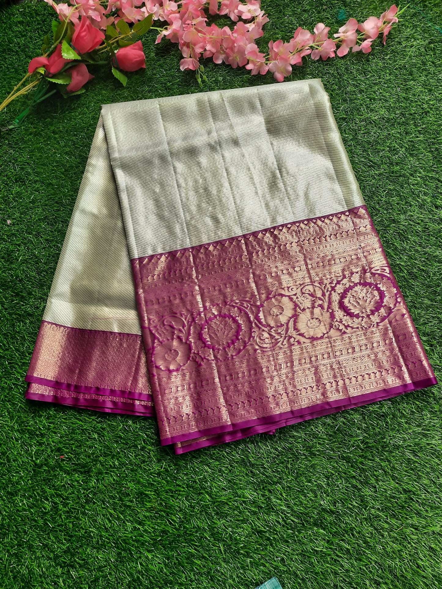 Semi silk Kanchi  sarees - Offwhite and Majenta