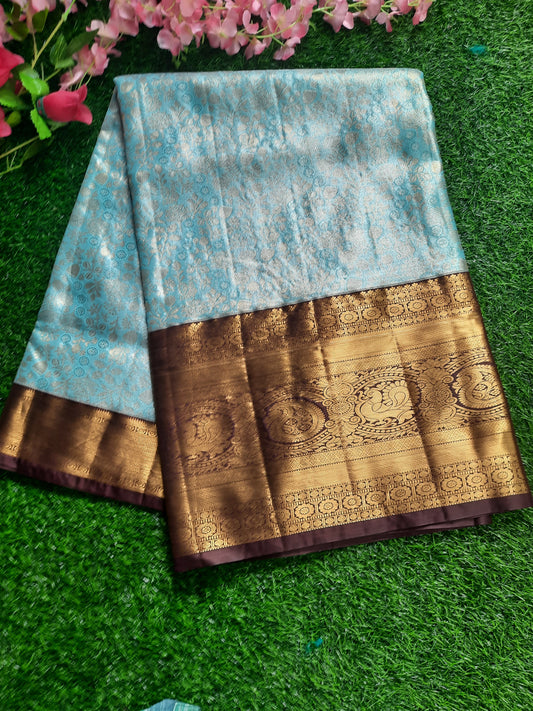 Semi silk Kanchi  sarees - Aqua blue and brown