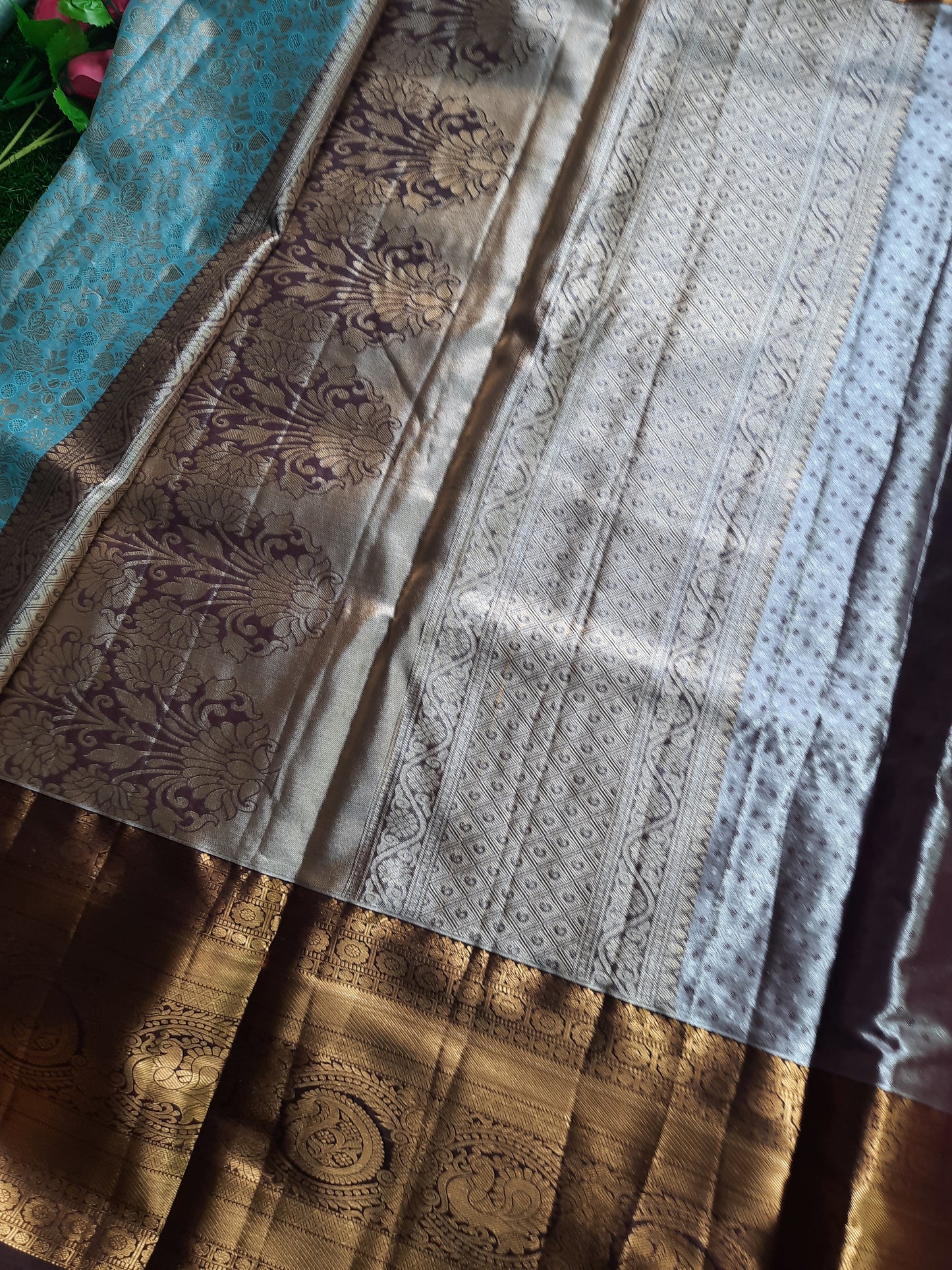 Semi silk Kanchi  sarees - Aqua blue and brown