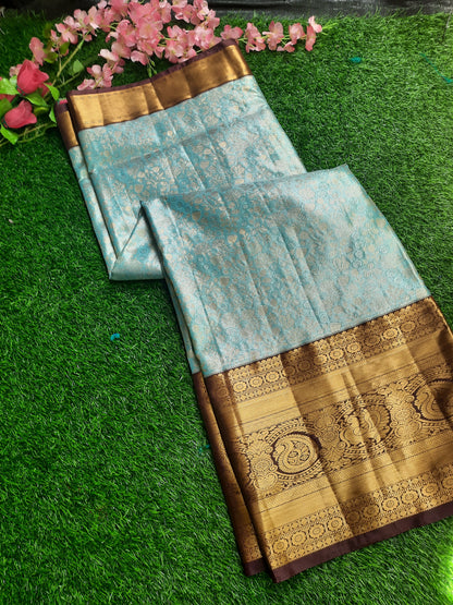 Semi silk Kanchi  sarees - Aqua blue and brown