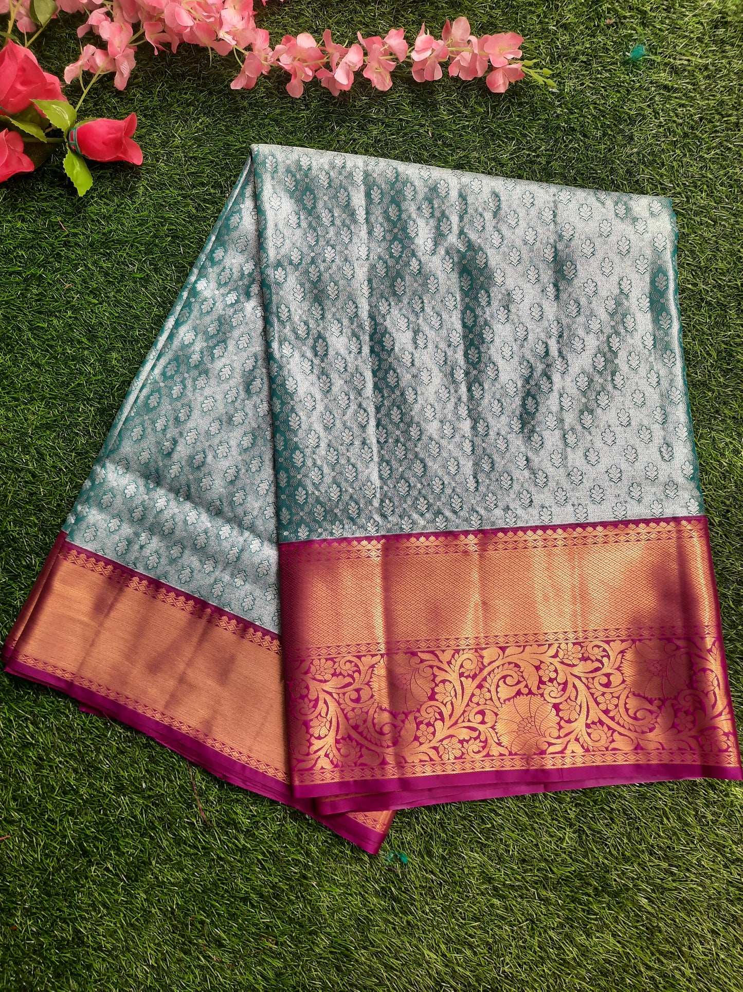 Semi silk Kanchi  sarees - Sky blue and Majenta