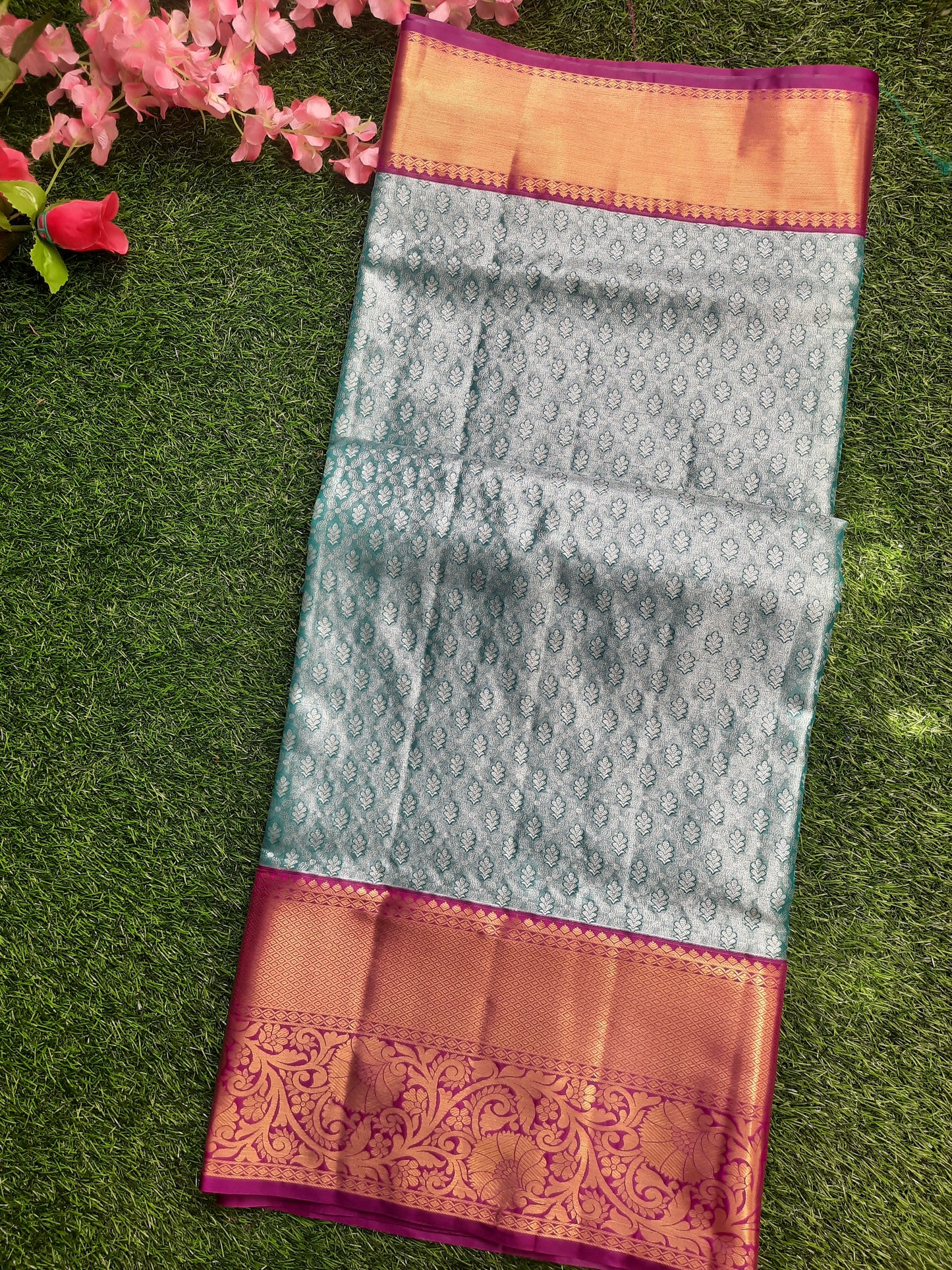 Semi silk Kanchi  sarees - Sky blue and Majenta