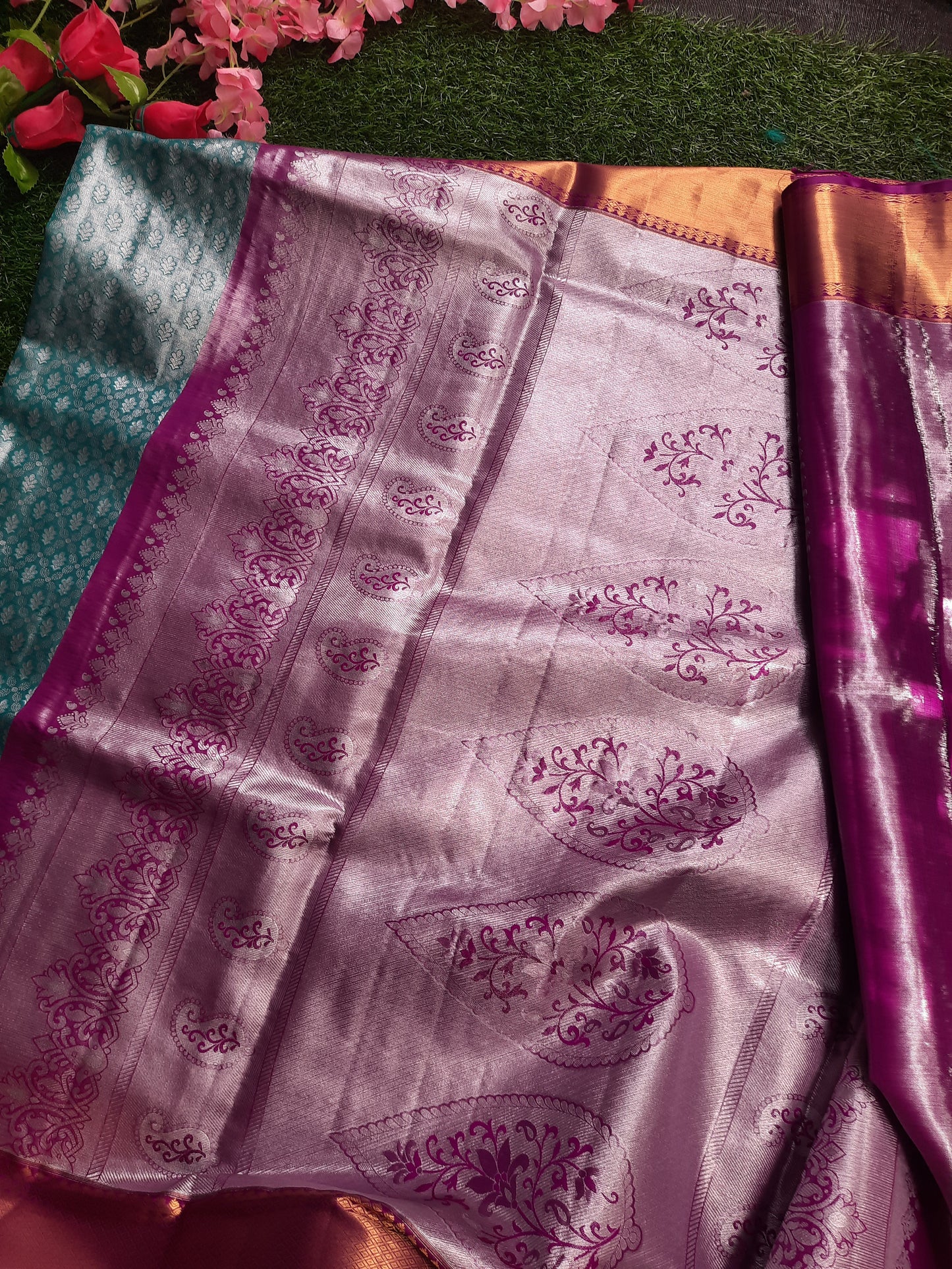 Semi silk Kanchi  sarees - Sky blue and Majenta