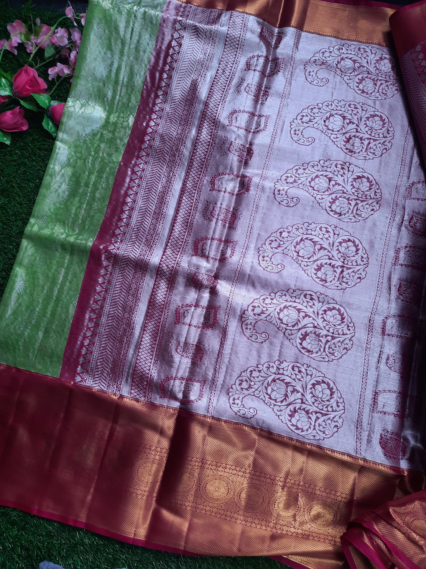 Semi silk Kanchi  sarees - Light Green and Pink